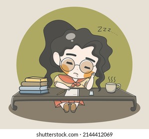 Chibi girl fallen asleep while studying
