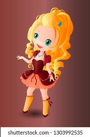 Chibi girl in a fashionable elegant dress and with ornaments on the neck, fingers and hair.