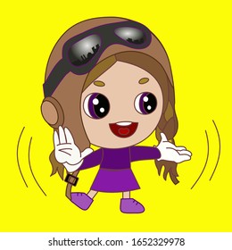 chibi girl in flight brown helmet with glasses stands and extended his arms to the sides, emoticon on a blue isolated background