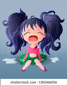 Chibi girl in a green skirt and pink sweater sits on the floor and crying.