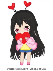 Chibi Girl With Heart Valentine Character Vector