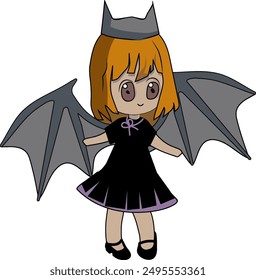 chibi chica en horror Halloween vestido de lujo de un murciélago con alas de miedo