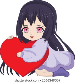 Chibi Girl Hugging Heart Valentine Character Vector