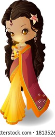 A Chibi girl in an Indian Sari holds a lamp in her hands.