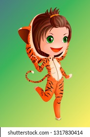 Chibi girl in a jumpsuit with a hood. The costume of the tiger. vector.