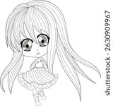 Chibi Girl Line Art Illustration, Cute black and white line art illustration of a chibi style girl with long flowing hair and a dress. Ideal for coloring pages, graphic design elements, or various