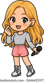 Chibi Menina com cabelo loiro longo, Top cinza, Pink Shorts, Coração de Dedo, Tênis branco, Microfone