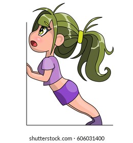 Chibi girl with long green hair go sports. Young active woman doing pushups from the wall. Vector illustration isolated on white background. Character design in manga comics and anime cartoon style.