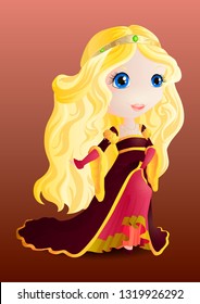 Chibi girl with loose hair in a crimson dress in the style of the middle ages. Vector.
