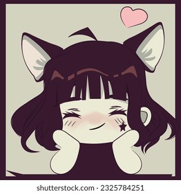 Chibi girl in love. cute character with cat ears and short dark hair