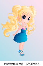 Chibi girl with lush hair in a smart blue dress and ballet shoes