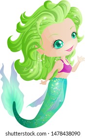 Chibi girl with mermaid tail and green hair. Vector illustration.