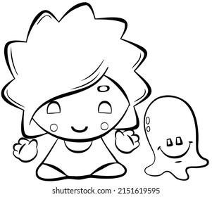 Chibi girl con pulpo. Elemento para colorear página. Estilo de caricatura.