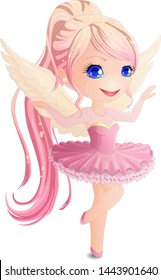 Chibi girl in a pink ballerina dress and with wings behind her back.