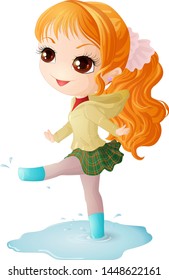 Chibi girl in a plaid skirt and jacket with a hood walks through the puddles. Vector illustration.