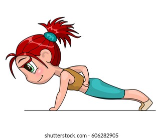 Chibi girl with red hair go in for sports. Young athlete woman doing one hand push ups. Vector illustration isolated on white background. Character design in anime cartoons and manga comics style.