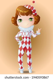 Chibi girl in red and white clown costume with puffy collar and cuffs