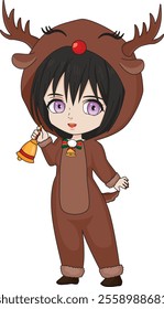 Chibi girl in reindeer costume with bell christmas anime vector