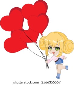 Chibi Girl Running With Valentine Balloon Vector