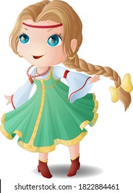 Chibi girl in a Russian sundress and a white shirt with wide sleeves.