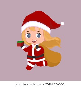 Chibi girl in santa claus costume holding a bag presents