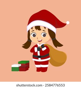 Chibi girl in santa claus costume holding a bag presents