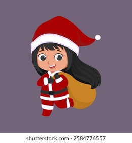 Chibi girl in santa claus costume holding a bag presents