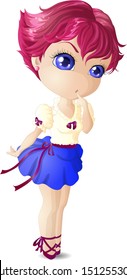 Chibi girl with short hair. Dressed in a white blouse and blue skirt decorated with bows. Vector illustration.