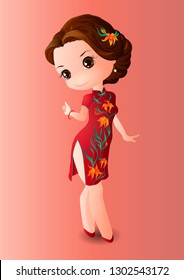 Chibi girl in a silk Chinese dress embroidered with gold lilies and a hairpin in the form of a Lily in her hair.