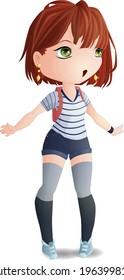 Chibi girl in a striped tank top and denim shorts with a pink backpack on her back
