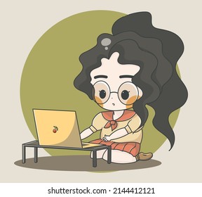 Chibi girl student infront of her laptop studying 
