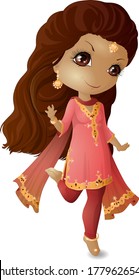 Chibi girl in traditional dress of India. Vector illustration.