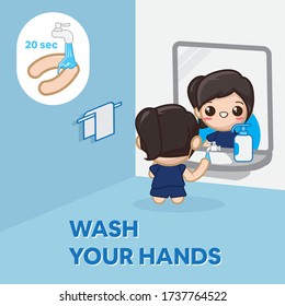 Chibi Girl Washing Hands with Soap under running Water. Prevention against Virus and Infection. Chibi character vector illustration.