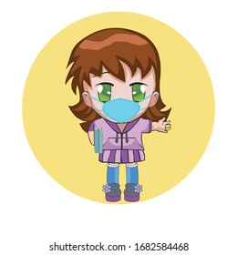 Chibi girl wearing a surgical mask. Hand drawn emoticon, cartoon character. Medical mask for prevent virus concept.  