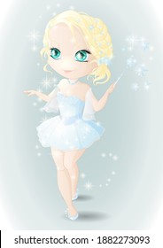 Chibi girl in a white dress. Surrounded by snowflakes.