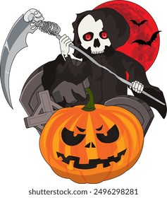 Chibi grim reaper and halloween pumpkin illustration