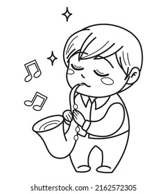 Chibi Guy Saxophonist. Coloring Page. Kawaii Character. Line Illustration.