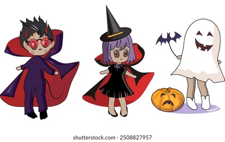 chibi halloween mascarad, girl in a raincoat and hat ,boy in red glasses, ghost costume,pumpkin