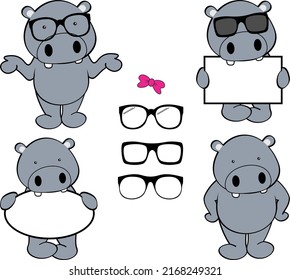 chibi hippo kid cartoon billboard and glasses pack illustration in vector format