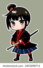 Chibi. Japanese doll with a katana. Color vector graphics. Sticker. Icon. Stylized image of a Japanese girl. Iaido. Cartoon character.
