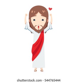 Chibi Jesus Christ is happy and raise his fist to the air