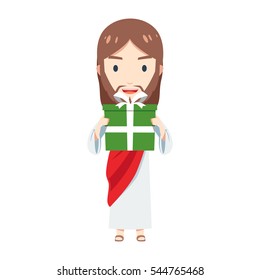 Chibi Jesus Christ is holding a gift box