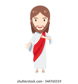 Chibi Jesus Christ is holding his chest and offer his hand to help