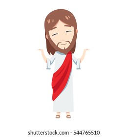 Chibi Jesus Christ is raising two hands and skew his head