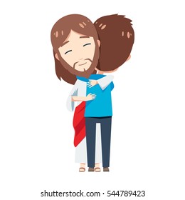 Chibi Jesus is hugging a man with blue shirt