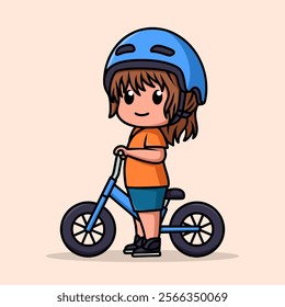 Chibi kawaii character design of a little girl riding a balance bike or push bike