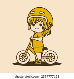 Chibi kawaii character of a little girl riding a balance bike or push bike in retro style