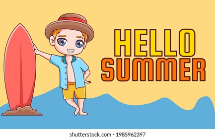 Chibi kawaii character for summer. cute boys character for summer banner, poster, flyer, sticker with surfing board.