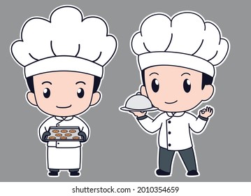 Chibi Kawaii cute boy character wearing chef jacket uniform standing pose