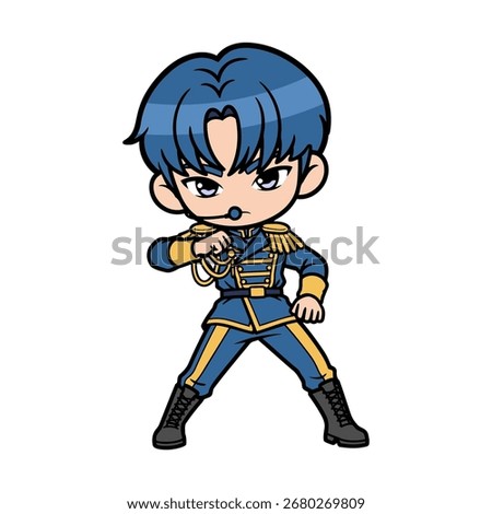 Chibi K-pop boy idol in dark navy hair and military uniform with golden accents, gloves and boots. Powerful dance pose with charismatic cute face, HD flat vector illustration kawaii style.